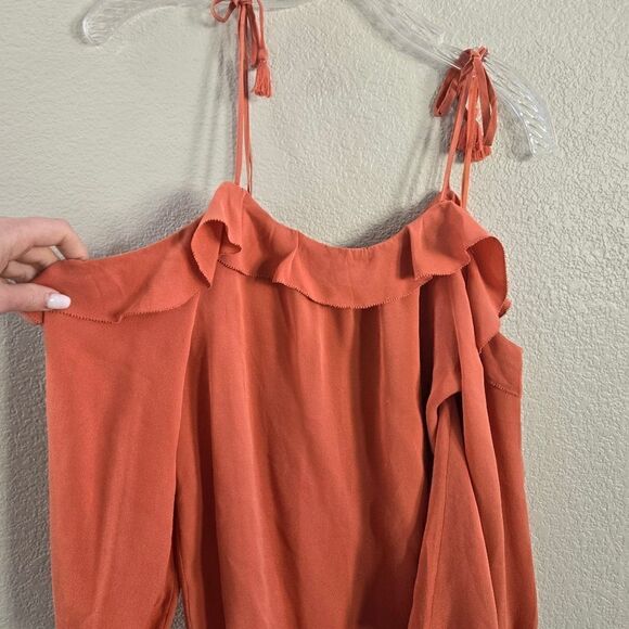 JOIE 100% Silk Cold Shoulder Top Womens Small S Orange Tie Strap Boho Peasant - Picture 4 of 9